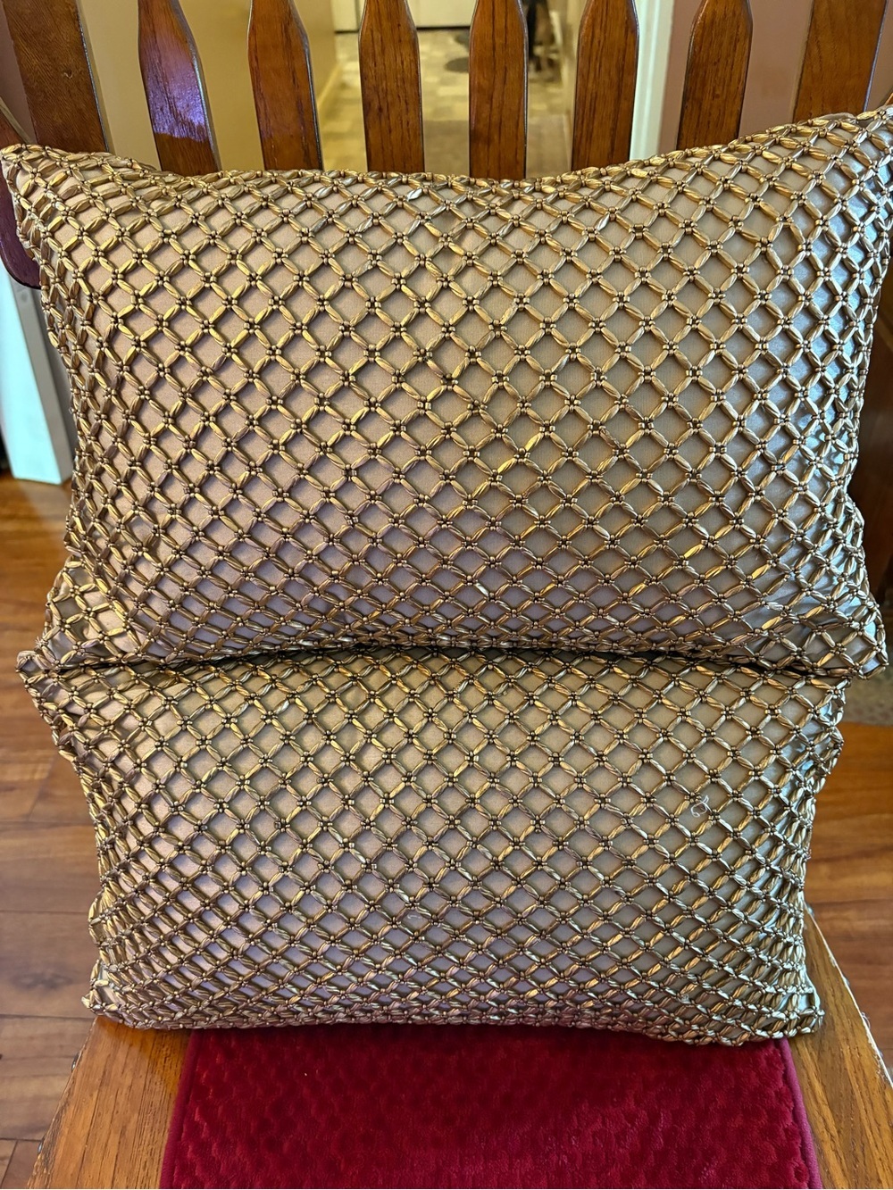 Pair Pier 1 Imports Gold Beaded Lattice Lumbar Accent Throw Pillows 16x12 EUC